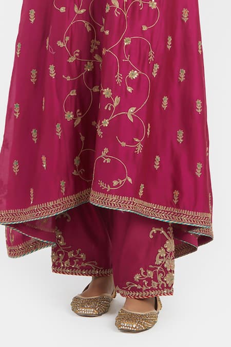 Kora_Fuchsia Silk, Silk, Embroidery, Dori Asymmetric Kurta And Pants _Online_at_Aza_Fashions