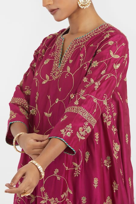 Buy_Kora_Fuchsia Silk, Silk, Embroidery, Dori Asymmetric Kurta And Pants 