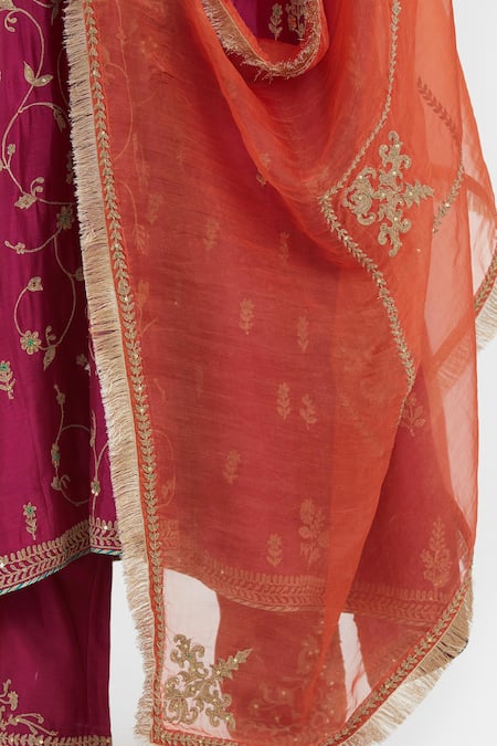 Buy_Kora_Fuchsia Chanderi , Organza Dori Asymmetric Kurta And Pant Set 
