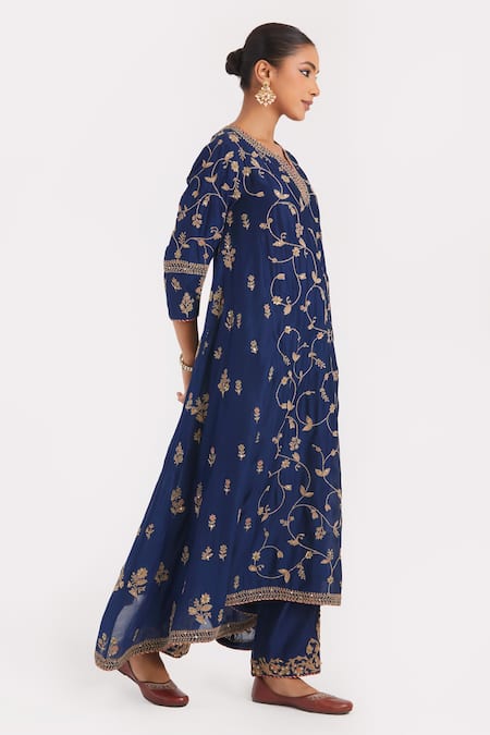 Kora_Navy Chanderi Silk Embroidery, Beads, Sequins, Gota Dori Asymmetric Hem Kurta _Online_at_Aza_Fashions