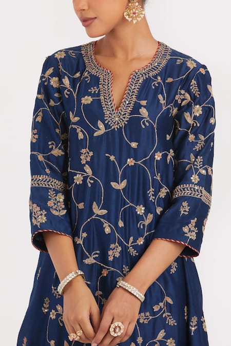 Kora_Navy Chanderi Silk Embroidery, Beads, Sequins, Gota Dori Asymmetric Hem Kurta _at_Aza_Fashions