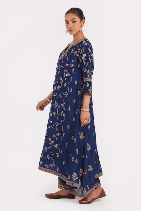 Shop_Kora_Blue Silk, Silk, Embroidery, Beads, Dori Kurta And Pants Set _Online_at_Aza_Fashions