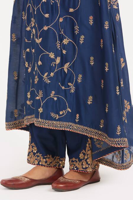 Buy_Kora_Blue Silk, Silk, Embroidery, Beads, Dori Kurta And Pants Set 
