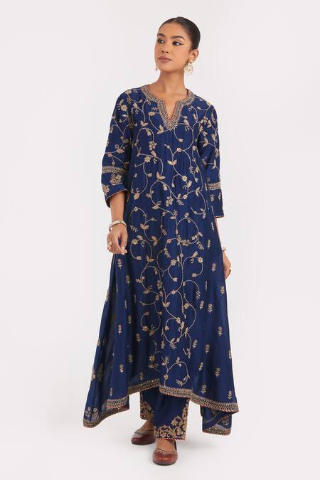 Shop_Kora_Blue Chanderi , Organza Embroidery, Dori Asymmetric Kurta And Pant Set _Online_at_Aza_Fashions