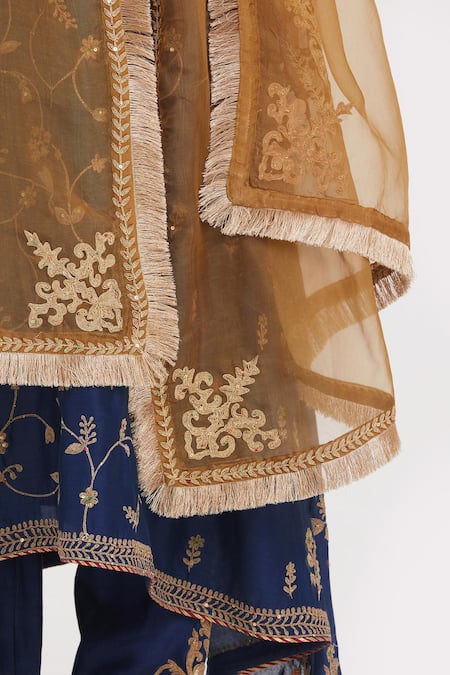 Buy_Kora_Blue Chanderi , Organza Embroidery, Dori Asymmetric Kurta And Pant Set 