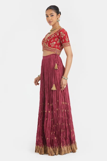 Kora Red Chanderi Silk Embroidery, Beads, Sequins, Gota Patti Dori Blouse And Lehenga Online at Aza Fashions Kora_Red Chanderi Silk Embroidery, Beads, Sequins, Gota Patti Dori Blouse And Lehenga _Online_at_Aza_Fashions