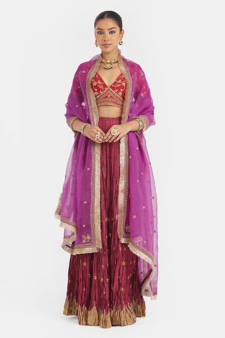Shop Kora Red Chanderi Silk Embroidery, Beads, Sequins, Gota Patti Dori Blouse And Lehenga Online at Aza Fashions Shop_Kora_Red Chanderi Silk Embroidery, Beads, Sequins, Gota Patti Dori Blouse And Lehenga _Online_at_Aza_Fashions