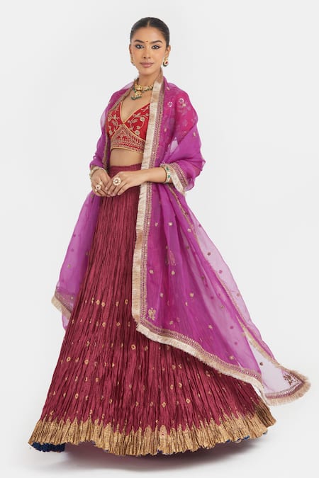 Kora Red Chanderi Silk Embroidery, Beads, Sequins, Gota Patti Dori Blouse And Lehenga at Aza Fashions Kora_Red Chanderi Silk Embroidery, Beads, Sequins, Gota Patti Dori Blouse And Lehenga _at_Aza_Fashions