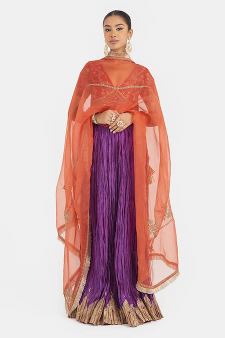 Kora Red Silk, Chanderi Embroidery, Beads, Sequins V-neck Dori Blouse Online at Aza Fashions Kora_Red Silk, Chanderi Embroidery, Beads, Sequins V-neck Dori Blouse _Online_at_Aza_Fashions