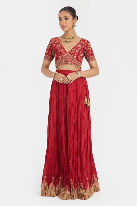 Kora Red Chanderi Silk Embroidery, Beads, Sequins V-neck Dori Blouse Online at Aza Fashions Kora_Red Chanderi Silk Embroidery, Beads, Sequins V-neck Dori Blouse _Online_at_Aza_Fashions