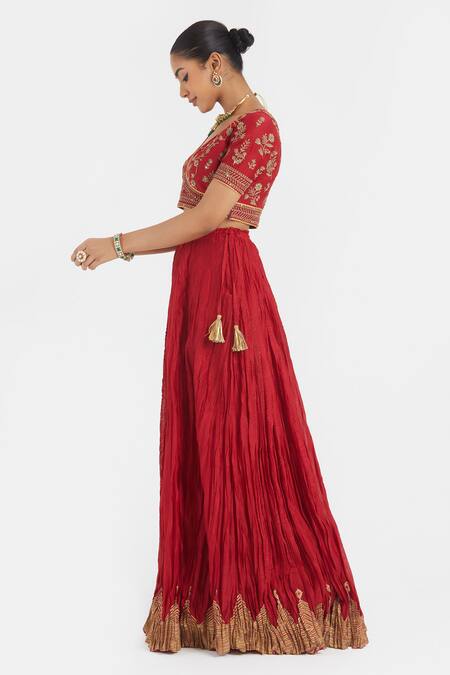 Buy_Kora_Red , , , Organza Dori Blouse And Lehenga Set _Online_at_Aza_Fashions