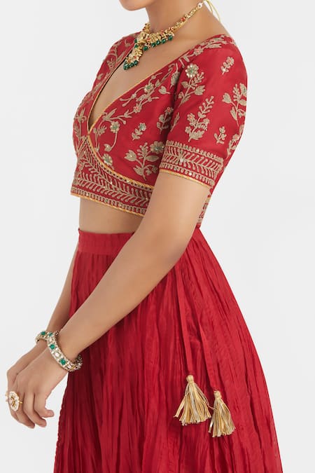 Buy_Kora_Red , , , Organza Dori Blouse And Lehenga Set 