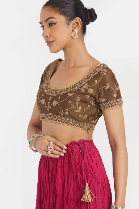 Buy Kora Olive Green Chanderi Silk Embroidery, Beads, Sequins Round Neck Dori Blouse Online at Aza Fashions Buy_Kora_Olive Green Chanderi Silk Embroidery, Beads, Sequins Round Neck Dori Blouse _Online_at_Aza_Fashions