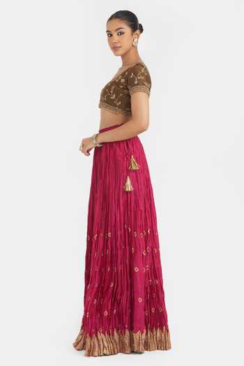 Kora_Olive Green Chanderi Silk Embroidery, Beads, Dori Choli And Kali Lehenga Set _Online_at_Aza_Fashions
