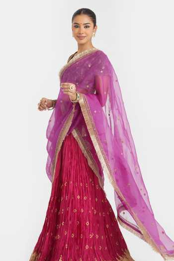 Kora_Olive Green Chanderi Silk Embroidery, Beads, Dori Choli And Kali Lehenga Set _at_Aza_Fashions