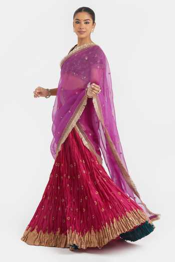 Buy_Kora_Olive Green Chanderi Silk Embroidery, Beads, Dori Choli And Kali Lehenga Set 
