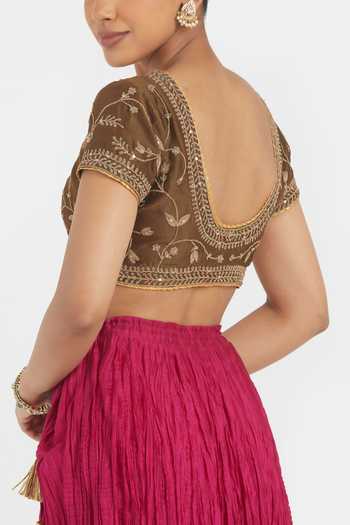 Shop_Kora_Olive Green Chanderi Silk Embroidery, Beads, Dori Choli And Kali Lehenga Set 