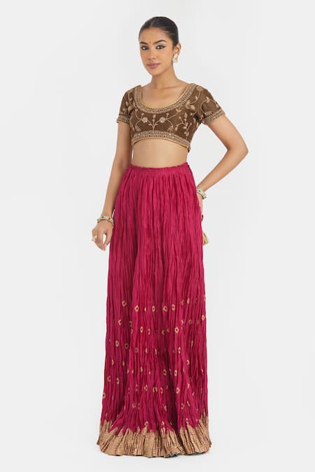 Buy_Kora_Olive Green Chanderi , Organza Dori Choli Lehenga With Dupatta _Online_at_Aza_Fashions