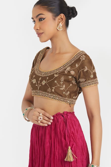 Buy_Kora_Olive Green Chanderi , Organza Dori Choli Lehenga With Dupatta 