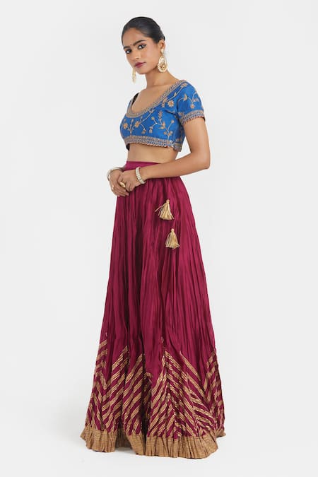 Shop Kora Blue Chanderi Silk Embroidery, Beads, Sequins Round Neck Dori Blouse Online at Aza Fashions Shop_Kora_Blue Chanderi Silk Embroidery, Beads, Sequins Round Neck Dori Blouse _Online_at_Aza_Fashions