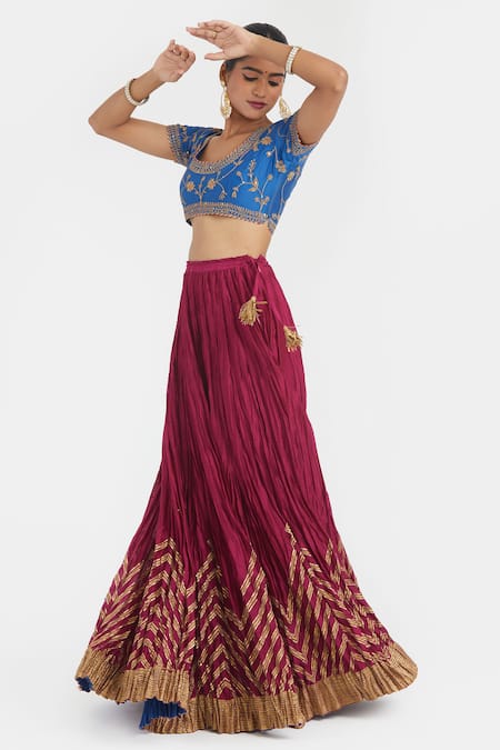 Shop Kora Blue Silk, Silk, Embroidery, Beads, Dori Blouse And Lehenga Online at Aza Fashions Shop_Kora_Blue Silk, Silk, Embroidery, Beads, Dori Blouse And Lehenga _Online_at_Aza_Fashions