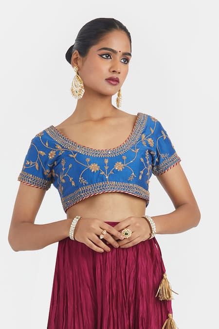 Shop Kora Blue Chanderi , Organza Embroidery, Beads, Dori Blouse And Lehenga Set Online at Aza Fashions Shop_Kora_Blue Chanderi , Organza Embroidery, Beads, Dori Blouse And Lehenga Set _Online_at_Aza_Fashions