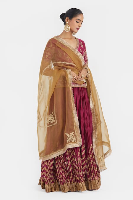 Buy_Kora_Fuchsia Silk, Silk, Beads, Embroidery, Dori Long Choli _Online_at_Aza_Fashions