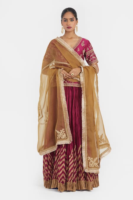 Kora_Fuchsia Silk, Silk, Beads, Embroidery, Dori Long Choli _at_Aza_Fashions