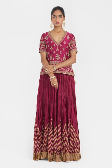 Shop_Kora_Fuchsia Chanderi Silk Embroidery, Beads, Sequins, Gota Dori Blouse And Lehenga _Online_at_Aza_Fashions