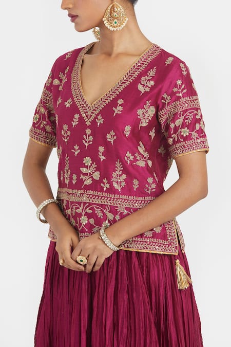 Kora_Fuchsia Chanderi , Organza Beads, Dori Blouse Lehenga And Dupatta _Online_at_Aza_Fashions