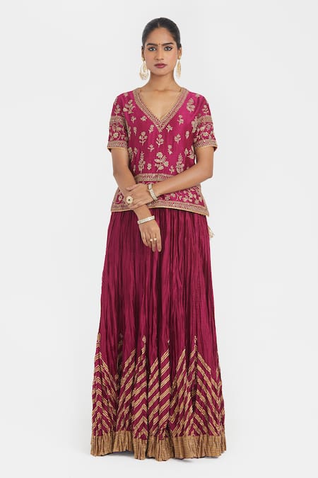 Buy_Kora_Fuchsia Chanderi , Organza Beads, Dori Blouse Lehenga And Dupatta 