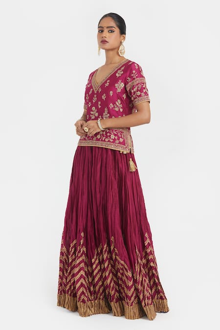 Shop_Kora_Fuchsia Chanderi , Organza Beads, Dori Blouse Lehenga And Dupatta 