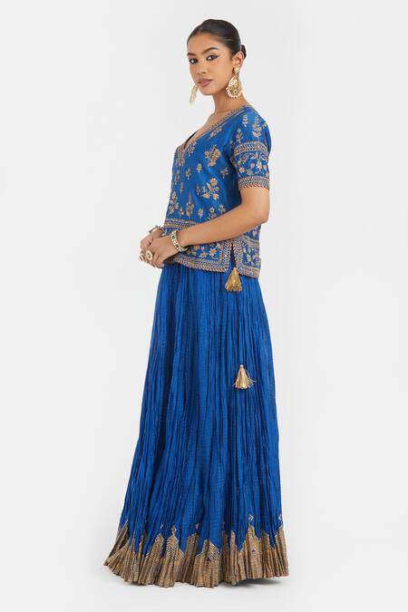 Kora_Blue Chanderi Silk Embroidery, Beads, Sequins V-neck Dori Long Choli _Online_at_Aza_Fashions
