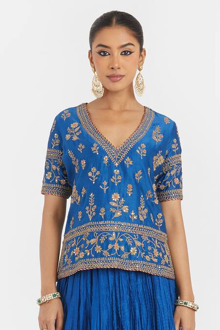 Kora_Blue Chanderi , Organza Beads, Sequins, Dori Blouse And Lehenga Set _Online_at_Aza_Fashions