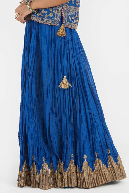 Shop_Kora_Blue Chanderi , Organza Beads, Sequins, Dori Blouse And Lehenga Set _Online_at_Aza_Fashions