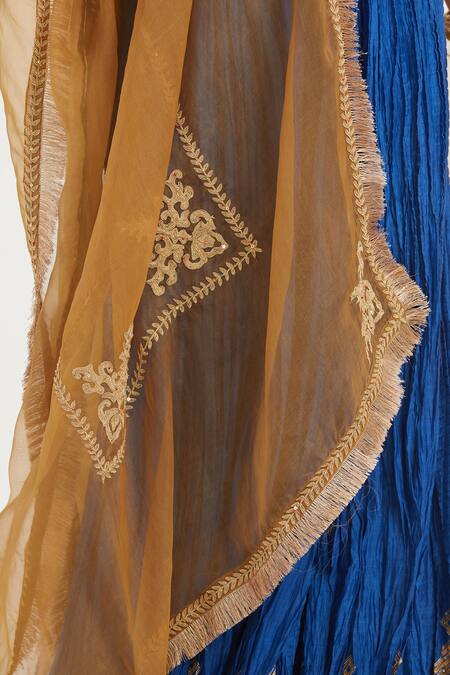 Buy_Kora_Blue Chanderi , Organza Beads, Sequins, Dori Blouse And Lehenga Set 