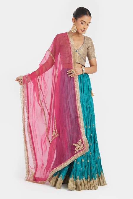 Kora_Gold , , Gota Patti, Work Choli And 40 Kali Lehenga Set _at_Aza_Fashions