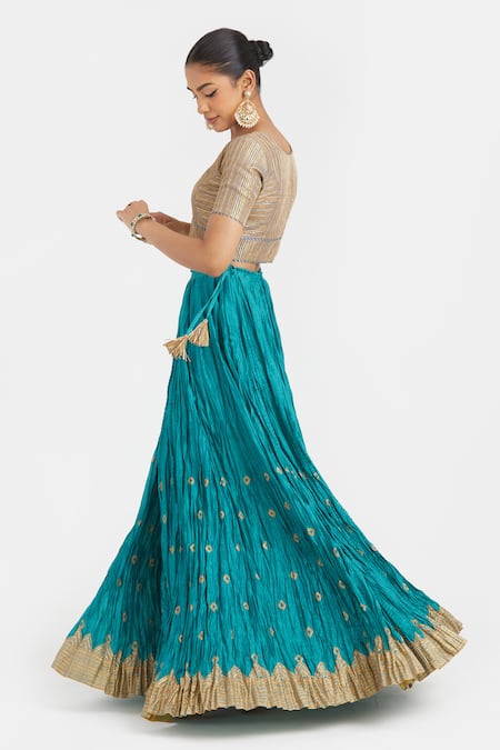 Buy_Kora_Gold Silk, , Silk, Work Choli And Kali Lehenga Set With Dupatta _Online_at_Aza_Fashions