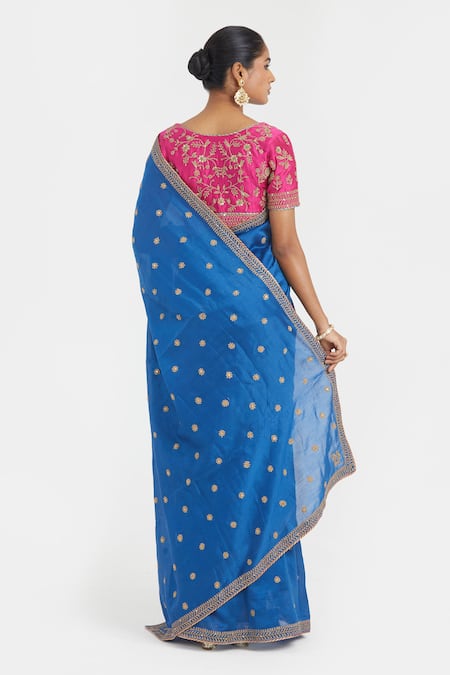 Kora Floral Dori Embroidered Saree & Blouse Set 