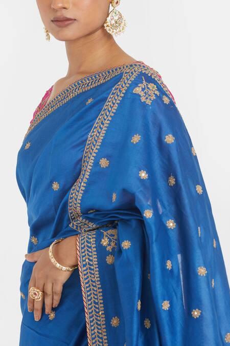 Kora_Blue Chanderi , Embroidery, Beads, Floral Dori Saree And Blouse Set _Online_at_Aza_Fashions