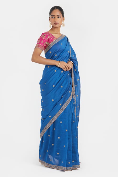 Buy_Kora_Blue Chanderi , Embroidery, Beads, Floral Dori Saree And Blouse Set _Online_at_Aza_Fashions