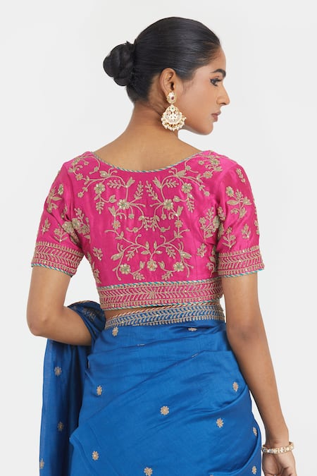 Shop_Kora_Blue Chanderi , Embroidery, Beads, Floral Dori Saree And Blouse Set 
