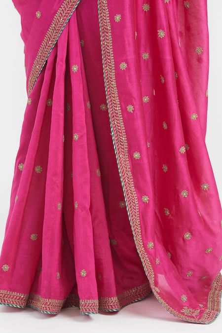 Kora_Fuchsia Chanderi Silk Embroidery, Beads, Sequins, Zari Floral Dori Saree _Online_at_Aza_Fashions