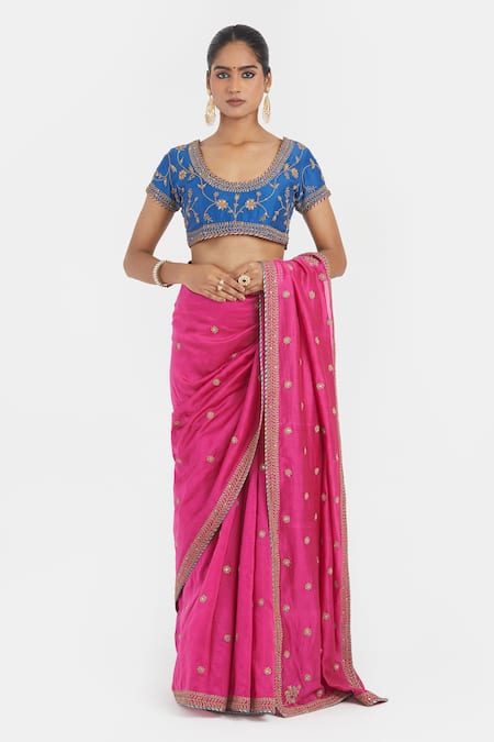 Buy_Kora_Fuchsia Chanderi Silk Embroidery, Beads, Sequins, Zari Floral Dori Saree _Online_at_Aza_Fashions