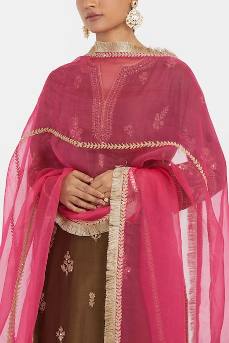 Kora_Fuchsia Silk Organza Embroidery, Beads, Sequins, Fringe, Zari Dori Dupatta _Online_at_Aza_Fashions