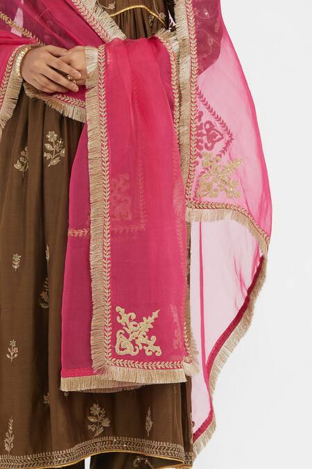 Buy_Kora_Fuchsia Silk Organza Embroidery, Beads, Sequins, Fringe, Zari Dori Dupatta _Online_at_Aza_Fashions