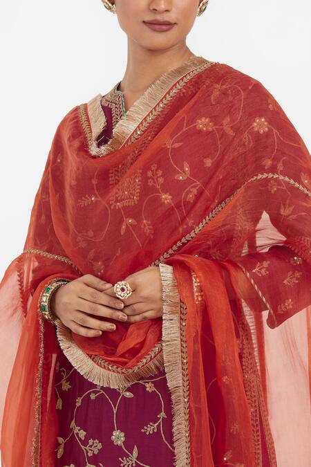 Kora_Orange Silk Organza Embroidery, Beads, Sequins, Zari, Dull Gold Dori Dupatta _Online_at_Aza_Fashions