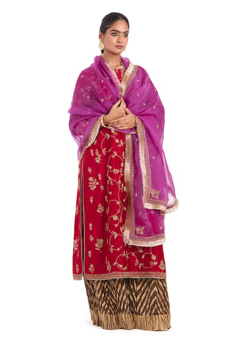 Buy_Kora_Purple Silk Organza Embroidery, Zari, Sequins, Beads, Dori Floral Dupatta _Online_at_Aza_Fashions