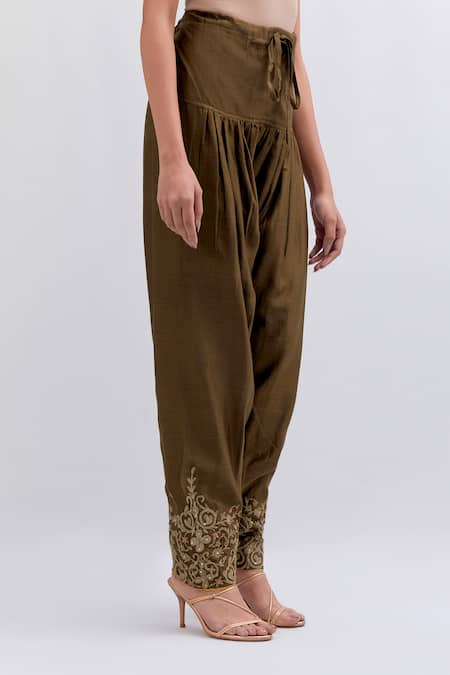 Kora_Olive Green Silk, Chanderi Embroidery, Beads, Sequins Dori Salwar _Online_at_Aza_Fashions