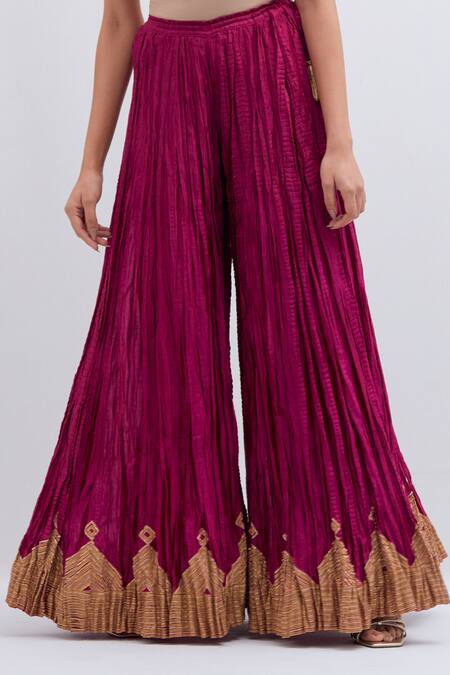Kora_Fuchsia Chanderi Silk Gota Patti, Tassels Crushed Sharara With Border _Online_at_Aza_Fashions